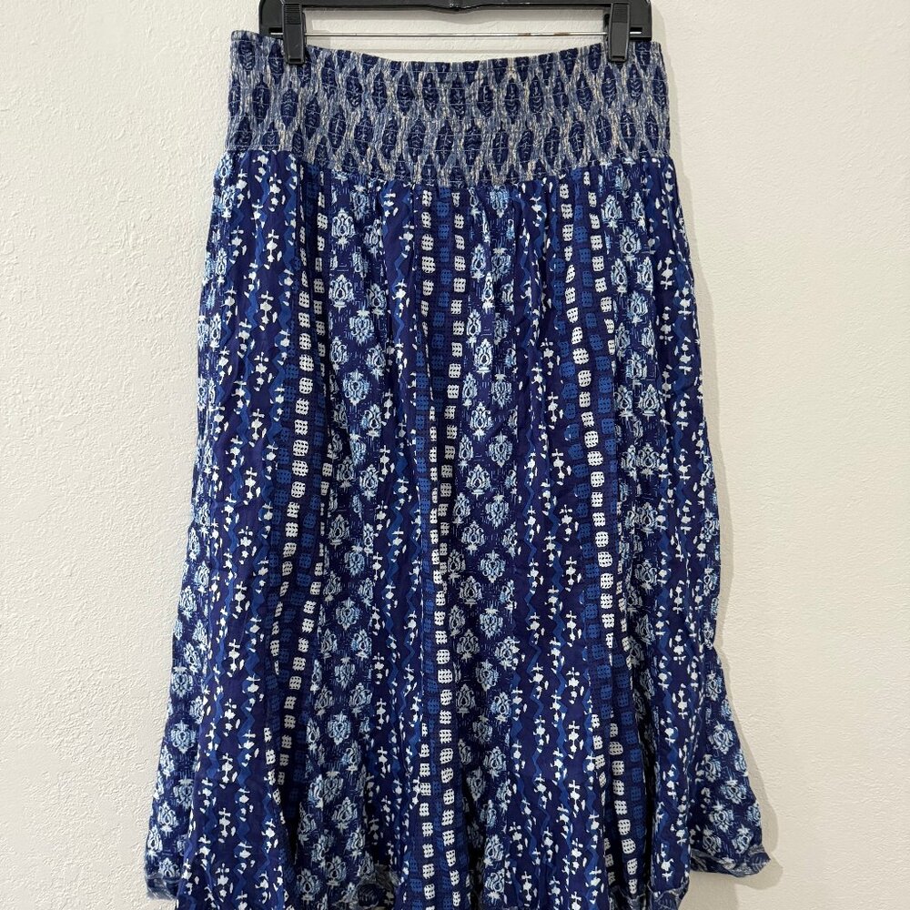 Marrakech smocked midi skirt size Large printed flowy blue white block print